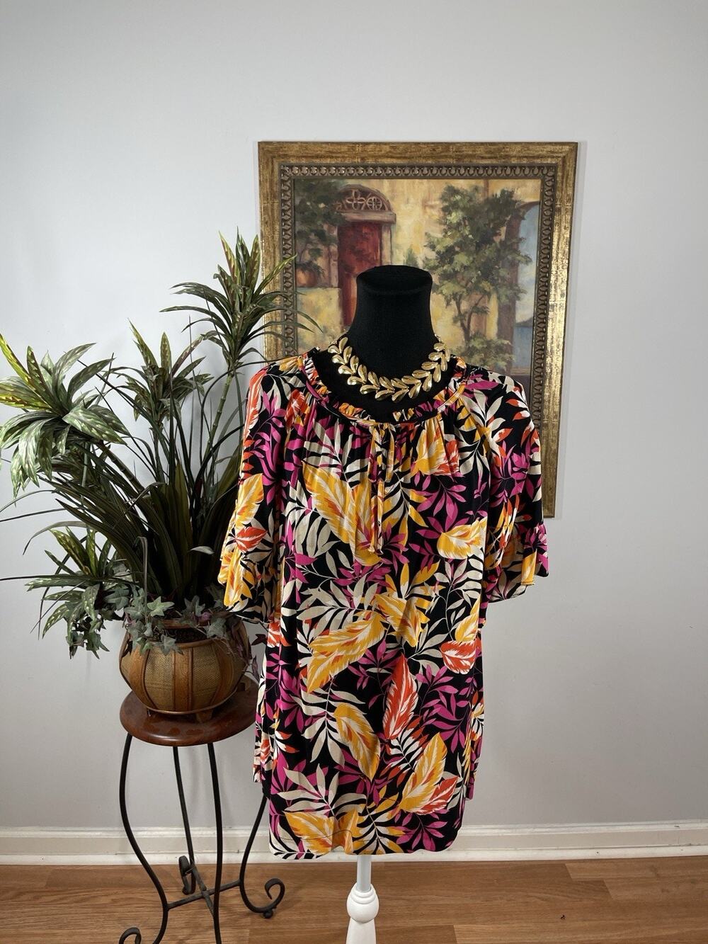 AGB Women’s Tropical Floral Peasant Blouse Medium Black Pink Bell Sleeve Boho